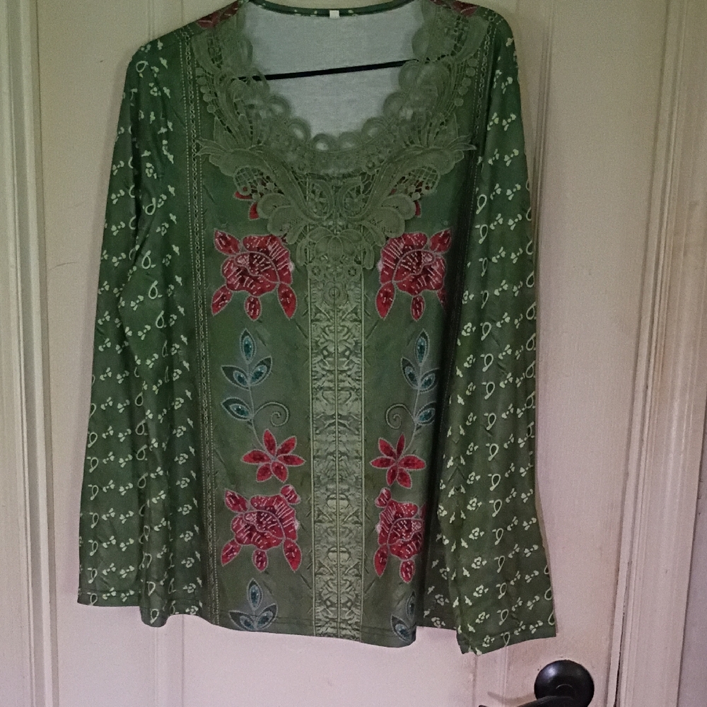 Floral Embroidered Green Top